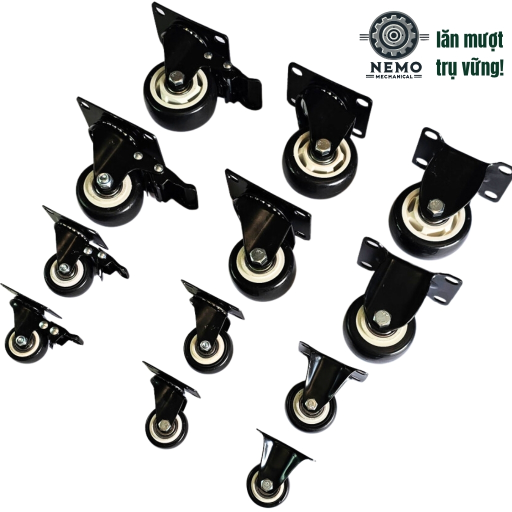 Bánh xe đẩy hàng đen trắng, mặt bích, có bạc đạn, đk bánh 4cm và 5cm, tải trọng 40-50kg/1bánh